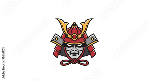 Japanese Samurai Helmet Icon, Red and Gold Traditional Warrior Armor