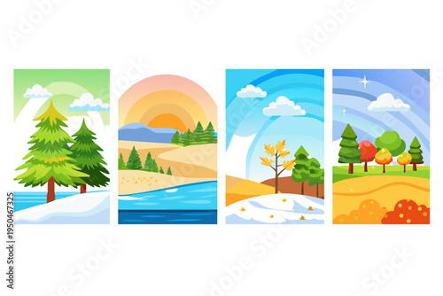Illustrate seasonal landscapes depicting different times of the year, such as a snowy winter scene, a vibrant spring meadow, a sunny summer beach, and a colorful autumn forest.