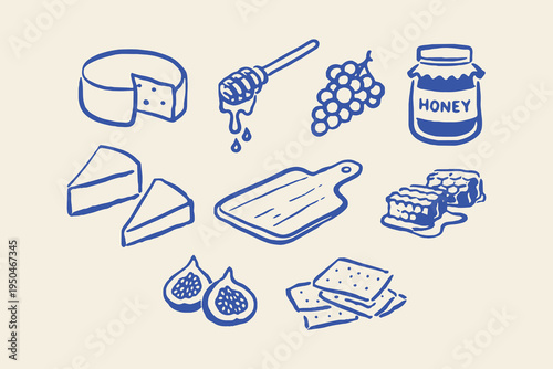 Cheese honey snack elements set outline sketch vector illustration