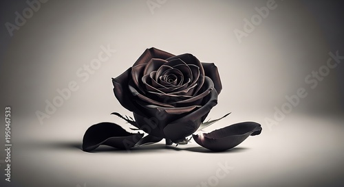 Dark rose blooms with detached petals, soft lighting on a neutral backdrop