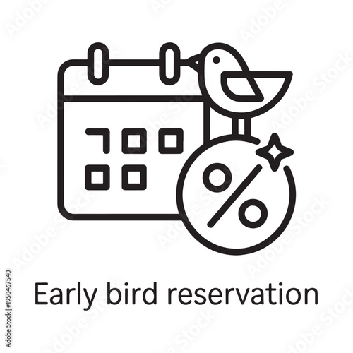 Line art depicting a calendar bird and discount symbol