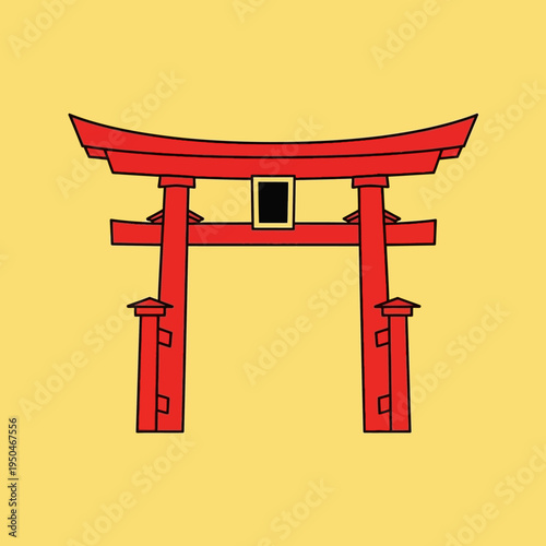 Vibrant Red Torii Gate Icon on Yellow Background - Japanese Culture Symbol