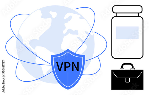 Cybersecurity, remote work, pharmaceutical industry, global connectivity, online safety, digital health. A VPN shield over a globe with a medicine bottle and briefcase. Cybersecurity and remote work