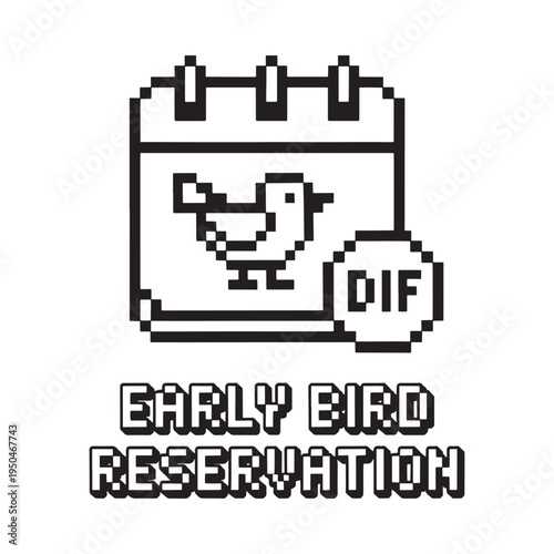 Pixelated calendar illustration promoting early bird reservation deals