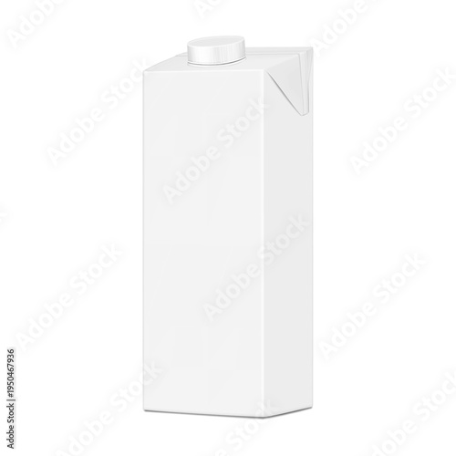 Milk carton with screw cap. Realistic 3d vector mockup. White blank pour spout cardboard box. Mock-up. Reclosable liquid food product packaging. Template for design