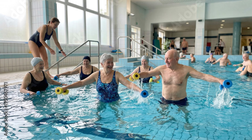 Senior people exercising in water with foam dumbbells at indoor pool. Trainer instructing group of woman and man during aqua aerobics class. Healthy lifestyle and active senior hobby.