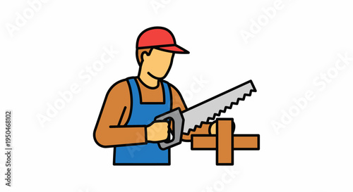 Craftsman working on wood with a handsaw, illustration representing construction and carpentry