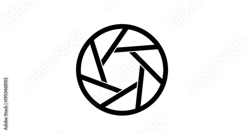 Circular camera aperture icon with intersecting blades, representing photography and visual arts