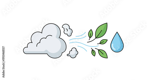 Weather forecast icons depicting wind blowing leaves and a water droplet representing rain with copy space