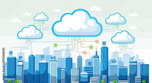 Modern city skyline connected to clouds, symbolizing cloud computing and data networks