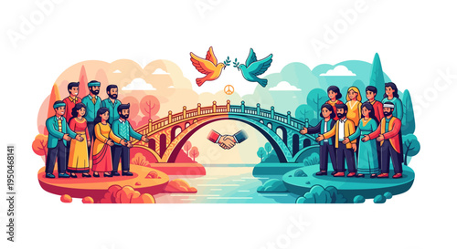 Diverse communities unite across a bridge, symbolizing global peace, harmony, and reconciliation through cooperation and understanding for a brighter future