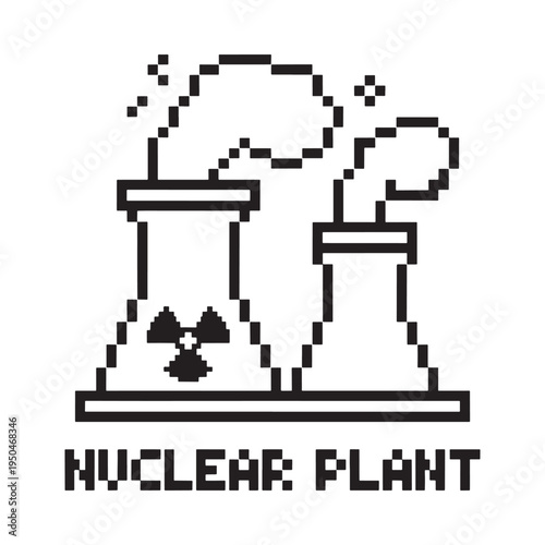 Pixelated illustration depicting a nuclear plant with cooling towers and hazard symbol