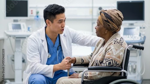 Caring Asian Doctor Comforting Senior African American Woman Patient in Wheelchair at Hospital