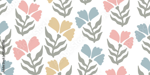 Seamless botanical pattern with stylized pastel flowers in Scandinavian style on a white background. Soft decorative vector repeat design perfect for textile printing, wallpaper and wrapping paper.