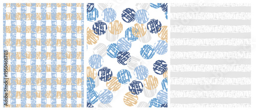Hand‑Drawn Irregular Seamless Vector Patterns – Abstract Grid, Lines And Dots Made Of Scribbles. Blue, and Gold Grid, Dots And Horizontal Lines Isolated On a White And Light Gray Background. 