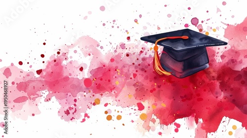 Black graduation cap rests on vibrant pink and red watercolor splatters. Yellow tassel accents the classic cap design. Bright white background highlights the colorful elements