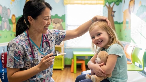Pediatrician Examining Young Girl's Throat in Child-Friendly Clinic for Routine Checkup