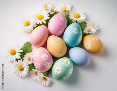 Colorful hand painted easter eggs with pastel color daisy flowers on a white background