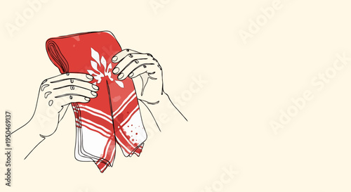 Respectful hands tenderly presenting a traditional red and white woven cloth for the new year. Vast copy space. Continuous line art.