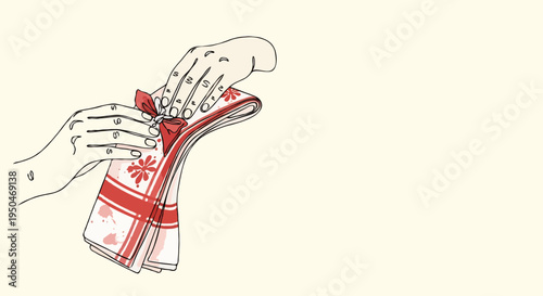 Loving hands carefully folding a beautifully patterned red and white scarf for a festive gift. Generous copy space. Line art illustration.