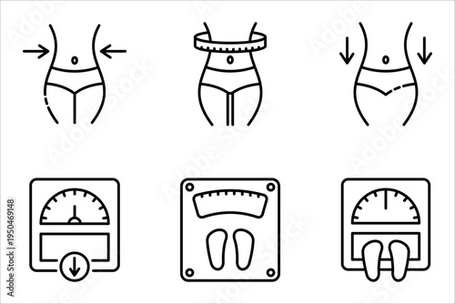 Weight loss line icon set, fitness and sport, symbol slim body with, on a white background.