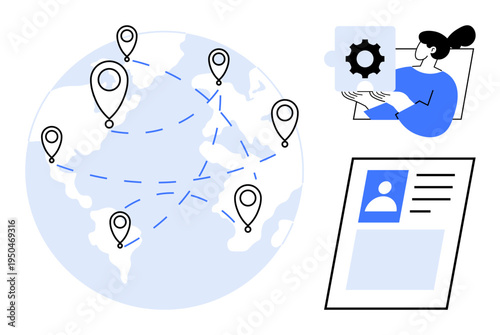 Global networking. Globe with pins connections worldwide, a digital profile, and technology integration. Global networking across systems and personal information sharing. Useful for IT, analytics