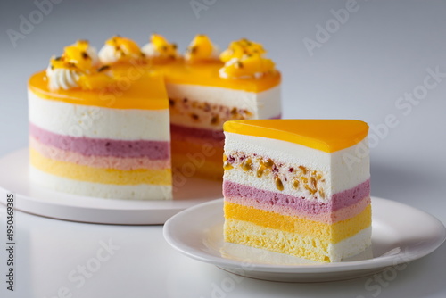 Elegant layered mousse cake with glossy mango topping, pastel fruit layers, and a plated slice, styled for dessert, bakery, and celebration themes