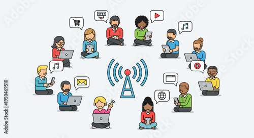 Connected people in a circle around a wifi signal, representing communication and online networking