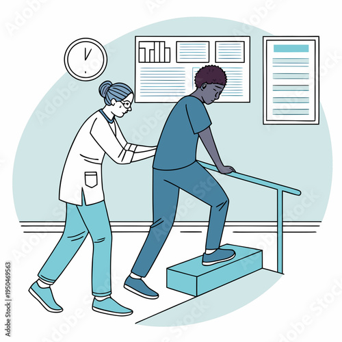 A physical therapist assisting a patient with rehabilitation exercises in a modern medical setting