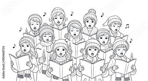 Children's Christmas Choir Singing Carols with Candles and Sheet Music