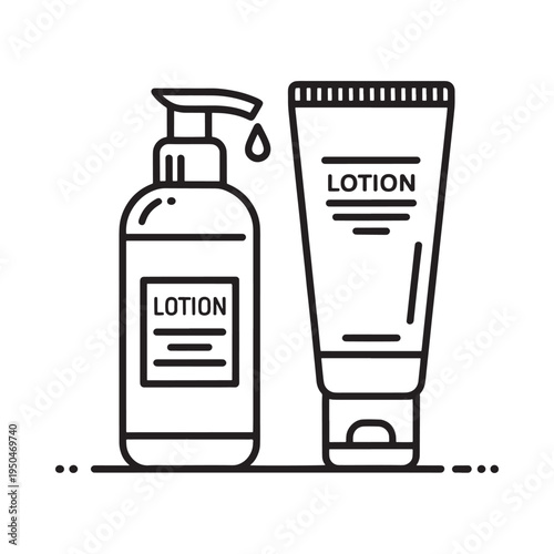 Simple line drawing depicts a bottle and tube of lotion products