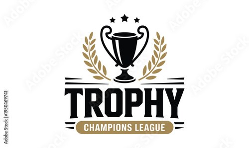 Trophy Champions League Emblem Vector Illustration with Winner Cup Laurel Wreath and Stars