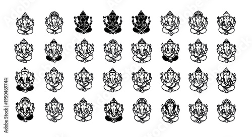 Collection of Ganesha Icons, Hindu Deity, Lord of Beginnings, Vector Art