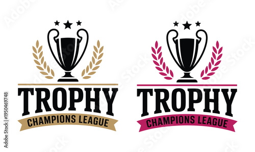 Trophy Champions League Emblem Vector Illustration with Winner Cup Laurel Wreath and Stars