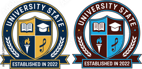 University State Emblem Vector Illustration with Shield, Book, Graduation Cap, Torch, and Music Icon