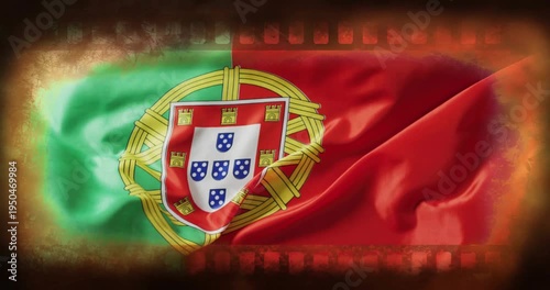 Playback starting, Portugal flag rippling, shield bulging and folding, filmstrip evoking history