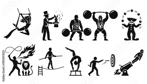 Circus performers and carnival artists silhouettes set