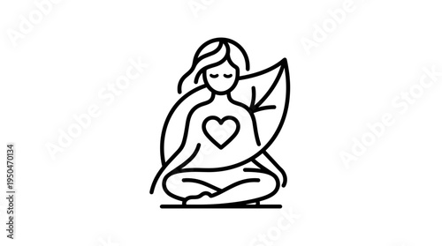 Minimalist line drawing of woman meditating with heart and leaf  