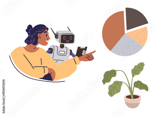 Data analysis, teamwork, artificial intelligence, technology integration, business strategy, eco-conscious design. A person and robot reviewing a chart with a plant nearby. Data analysis and teamwork