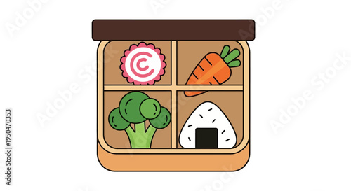 Bento Box Lunch: Carrot, Broccoli, Onigiri, and Fish Cake