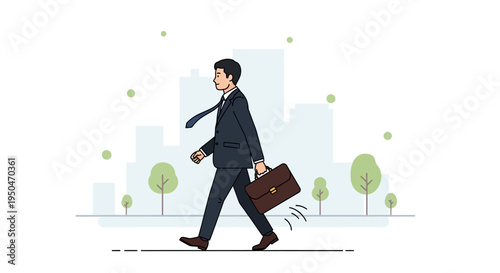 Businessman walking with briefcase in city park, business commute, professional lifestyle