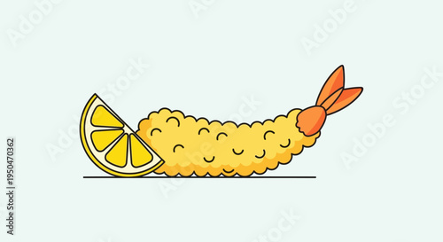 Crispy Shrimp Tempura with Lemon Slice on Light Blue Background - Delicious Japanese Food