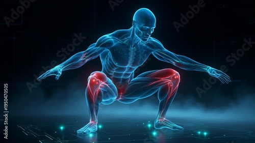 Digital Human Musculoskeletal System with Red Pain Points in Dynamic Squat Pose, Medical 3D Render