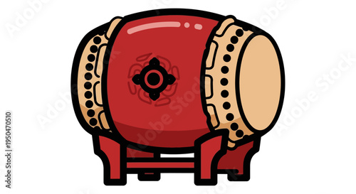 Japanese Taiko Drum on Stand, Traditional Percussion Instrument, Red and Gold