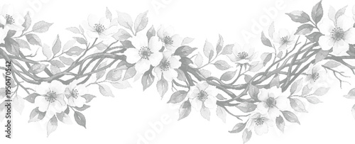 Floral border frame halftone design concept with black dots texture and wavy blooming flowers isolated on a white background.