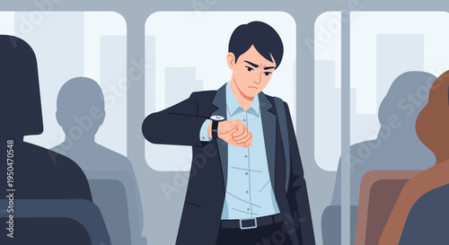 Man checking watch on crowded public transport, late for work