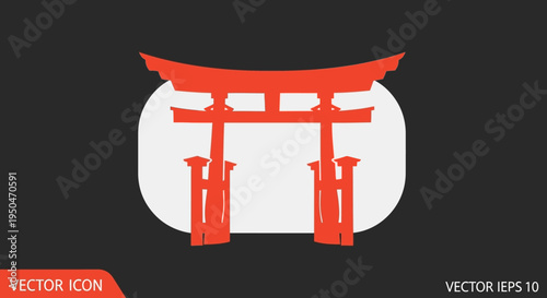 Red Torii Gate Icon Silhouette on Black Background with White Oval