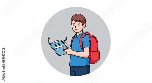 Young boy with backpack reading a book, back to school concept illustration