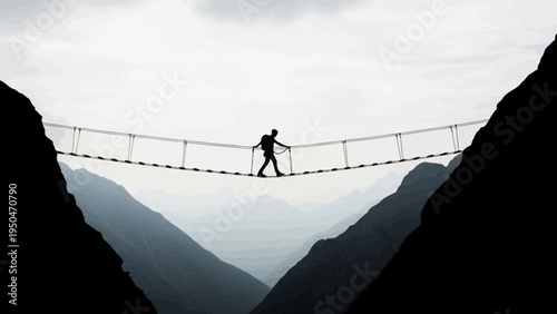 Adventurous hiker crossing a suspension bridge over a deep mountain gorge, epic landscape