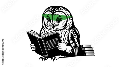 Wise Owl Reading Book with Glasses, Stack of Books, Education, Knowledge, Wisdom